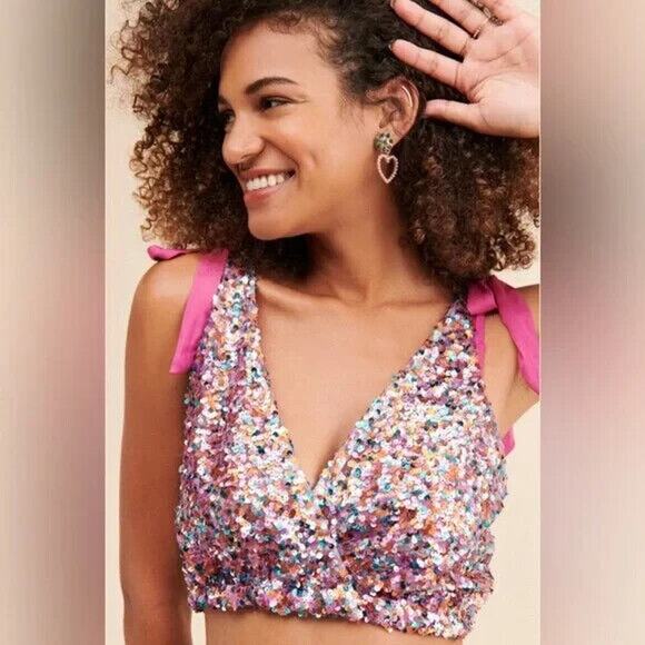 NEW Free People Intimately Big Night Sequin Crop Top Pink Women's Small - Picture 2 of 7